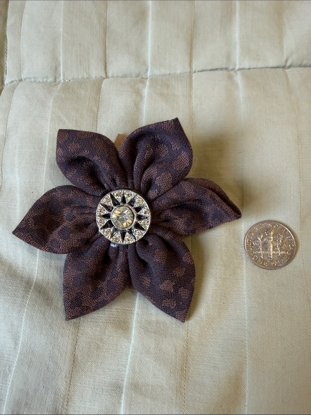Brown Floral Fabric Brooch with Crystal Center
